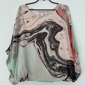 Diane Von Furstenberg Marble Print Blouse in Black, Cream, and Pink